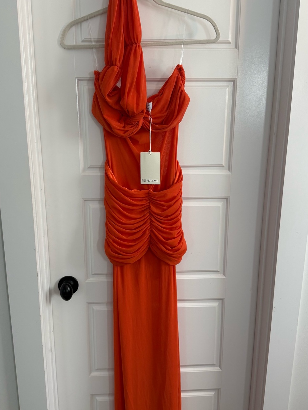 Off-Shoulder Orange Ruched Maxi Dress - Picture 3 of 3
